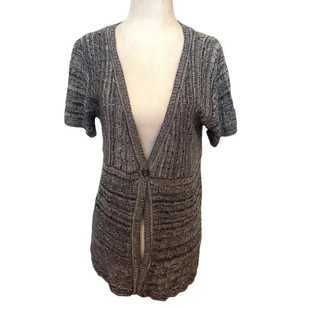 Chico’s Short Sleeve Lightweight Cardigan Sweater Heathered Gray White Size 1(M)